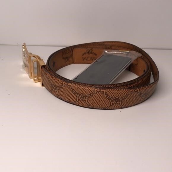 New Authentic MCM Garland Plaque Buckle Print Belt in 24K Gold Plating - Picture 2 of 12